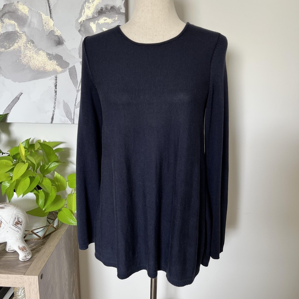 Eileen Fisher Sweater Tunic XS Blue Lightweight Knit Long Sleeve Minimalist Silk